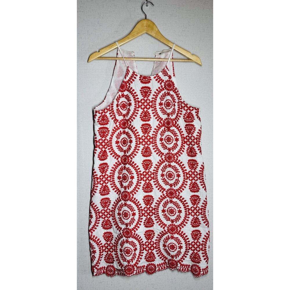 (Impeccable Pig Embroidered Dress Red White Boho Shift Tunic Size L